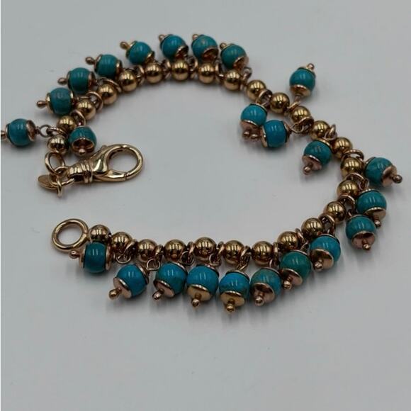 Milor Bronze Italy Faux Blue Turquoise Beaded Dangle Rose Tone Bracelet - Picture 3 of 8